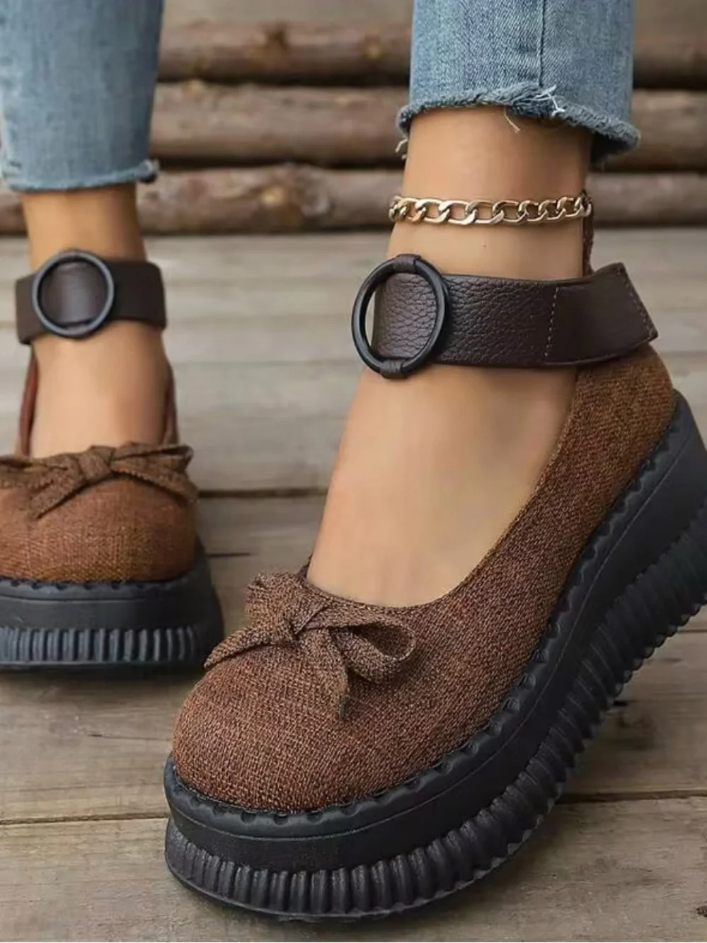 Brown Platform Mary Jane Shoes with Ankle Strap